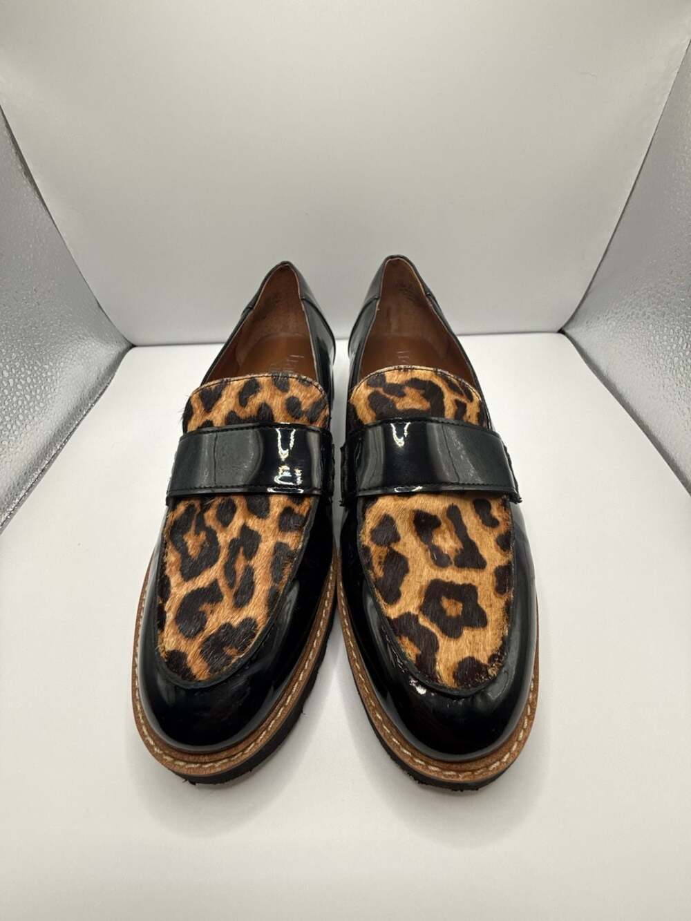 Franco Sarto Leopard Print Haircalf and Patent Leather Lug Sole Loafers